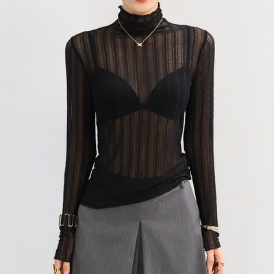 黑色高领蕾丝打底衫女内搭叠穿薄