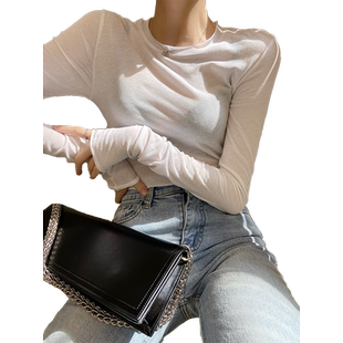 白色圆领长袖打底衫女2024新款秋冬内搭薄款微透棉麻t恤薄纱上衣