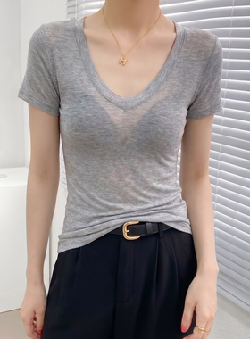灰色v领莱赛尔天丝羊毛短袖t恤女夏季薄款微透冰丝修身上衣高级感