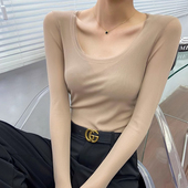 内搭低领微透网纱长袖 薄款 t恤u领上衣薄 女今年流行新款 杏色打底衫