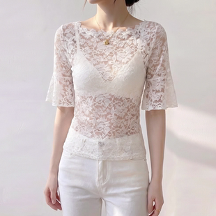 白色一字领蕾丝上衣女轻奢高级感喇叭袖透视网纱内搭修身中袖t恤