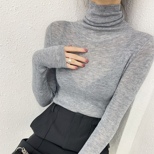 上衣高级感 软糯针织衫 浅灰色细羊毛高领打底衫 女秋冬内搭洋气薄款