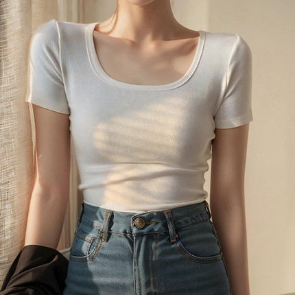 白色正肩u领短袖t恤女2024新款爆款夏季低领上衣修身简约打底衫夏