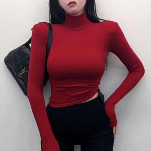 红色高领加绒打底衫女2025新款秋冬内搭高级感短款巨好看加厚上衣