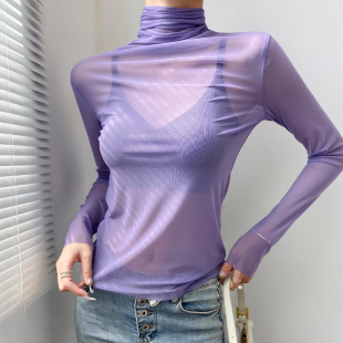透视高领打底衫 高端网纱上衣高级感女士洋气紫色内搭薄 女春秋薄款