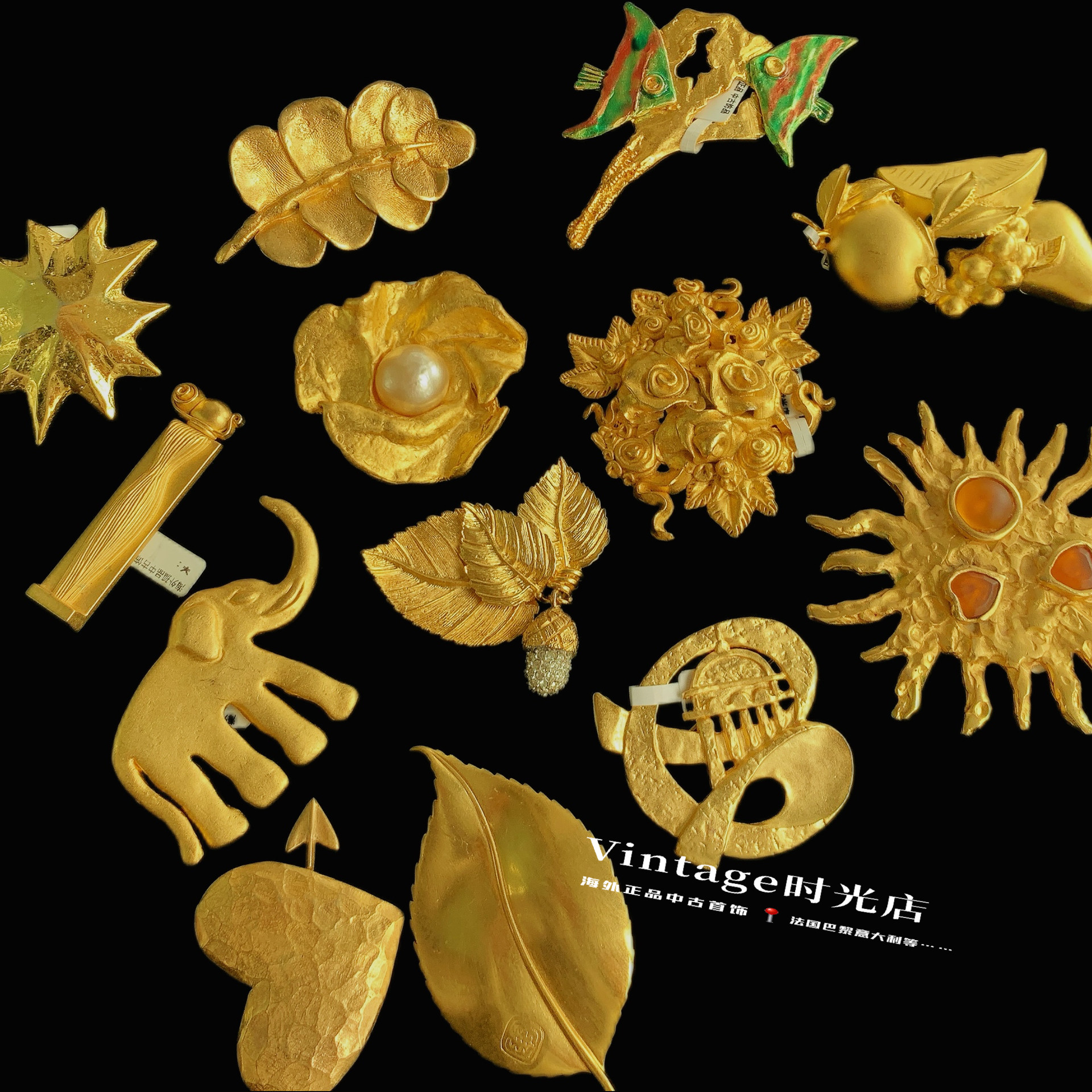 中古Vintage法国首饰高颜值中古鎏金打造胸针精致重工大气胸针