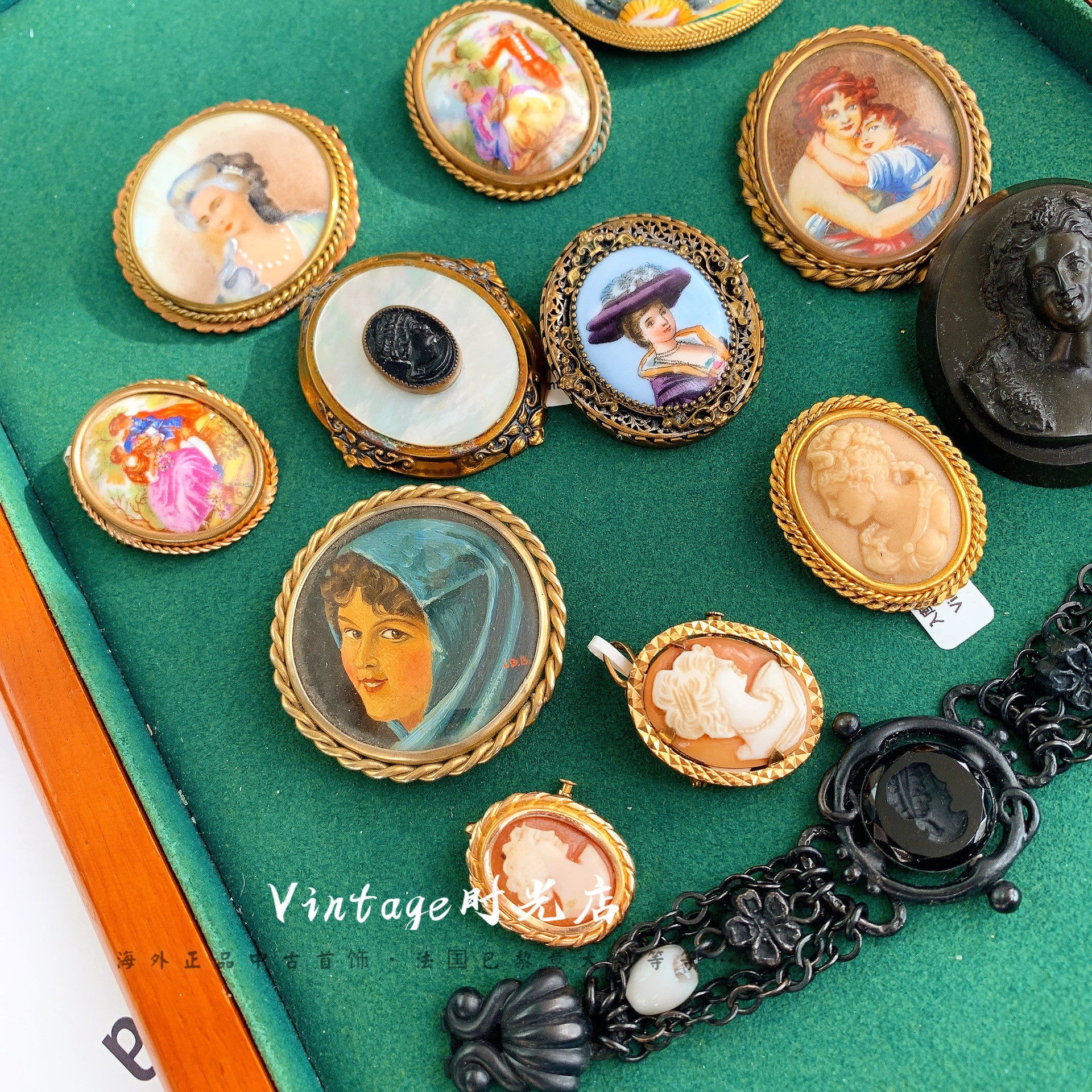 Vintage中古西洋古董首饰珐琅彩绘人物胸针别针复古宫廷风配饰