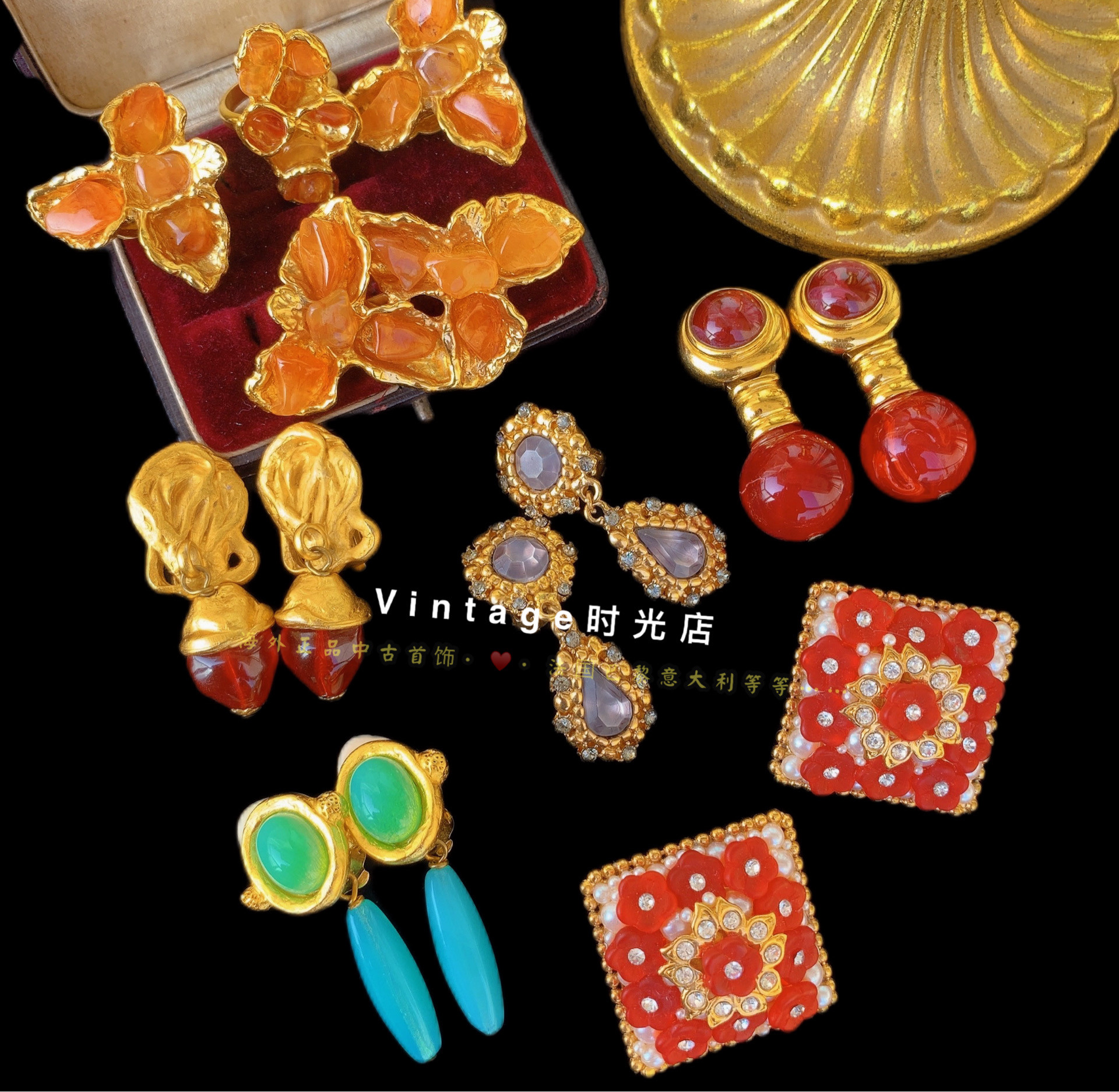 中古法国vintage素金百搭高级耳夹精致打标琉璃耳饰珐琅耳环