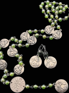 法产GAS小天使琉璃套装中古Vintage绿琉璃项链耳针百搭毛衣链D925