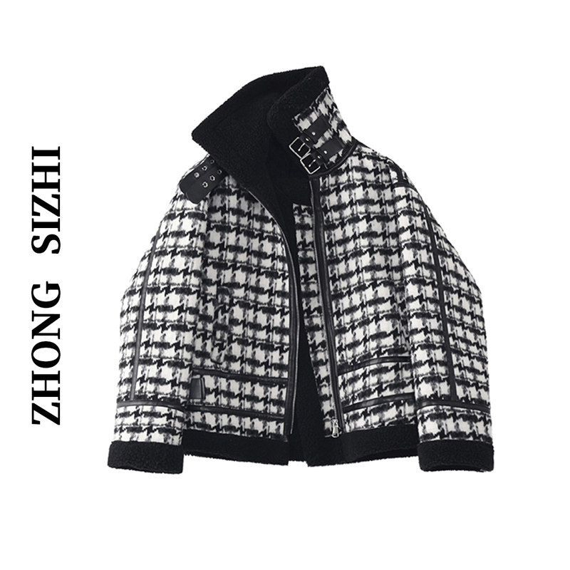 柊司芷复古千鸟格羊羔毛呢外套女秋冬加厚皮毛一体短款机车服夹克