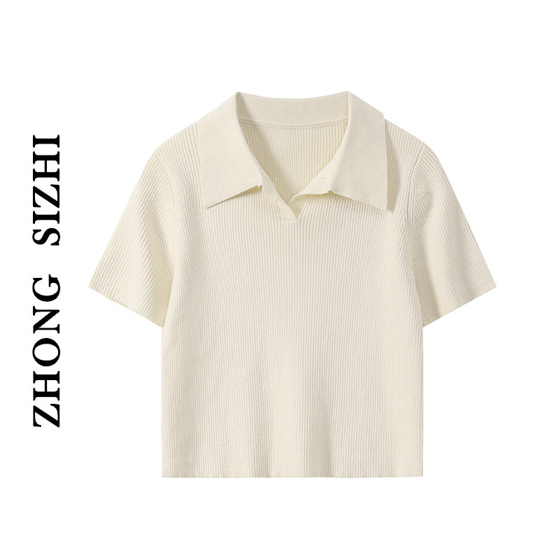 柊司芷自制杏色冰丝针织衫短袖女春夏Polo领短款修身显瘦打底上衣