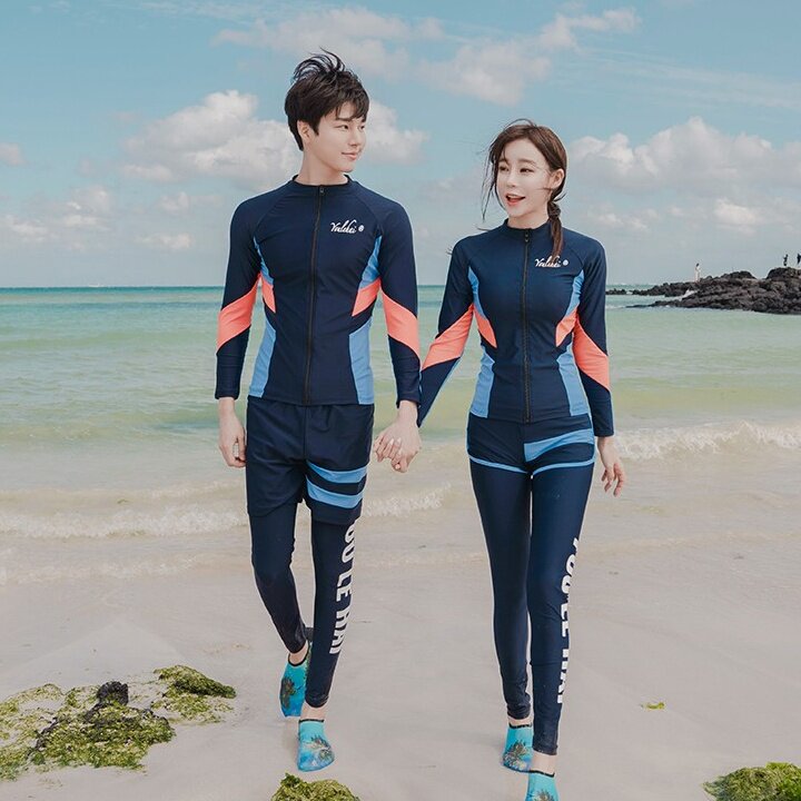 韩国分体潜水服速干拉链防晒水母衣男女长袖游泳衣冲浪服情侣套装