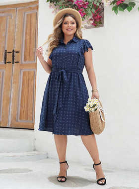 Short sleeved frilly polka dots fat sister women dress大码裙