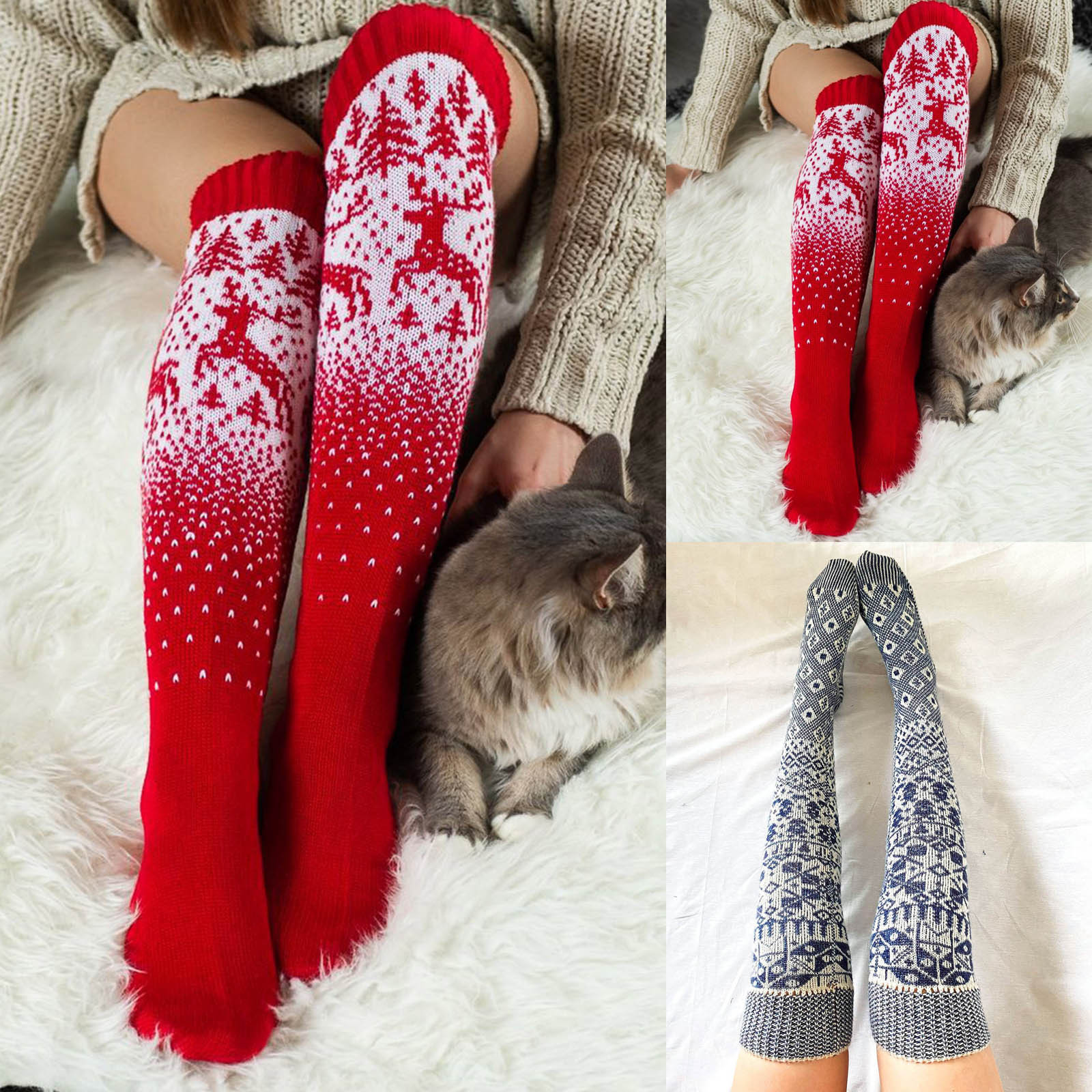 Women Thigh High Socks Extra Long Woolen Knit Warm Thick Tal