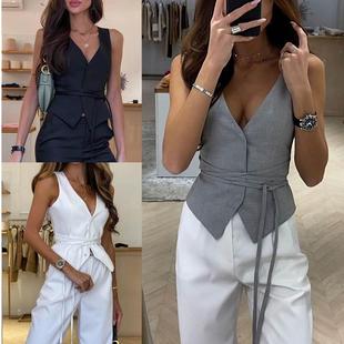 Summer new lace up casual womens top Neck Slim西装系带背心女