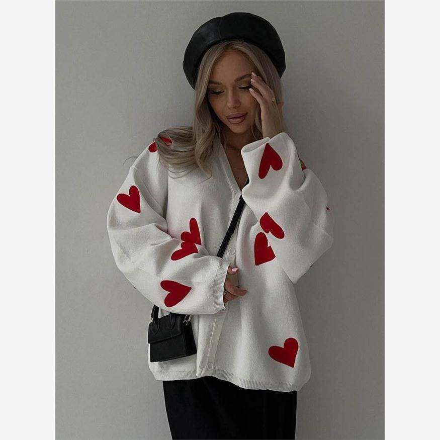Heart embroidered sweater欧美风宽松毛衣刺绣爱心开衫针织外套