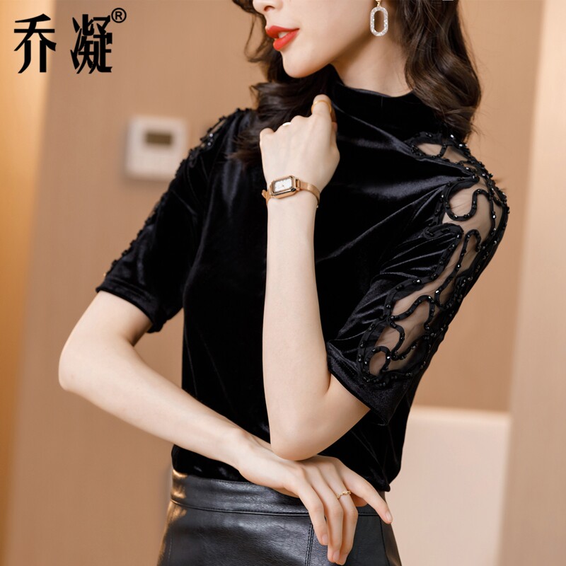 半高领打底衫女中袖秋装2020新款蕾丝镂空金丝绒上衣t恤洋气小衫