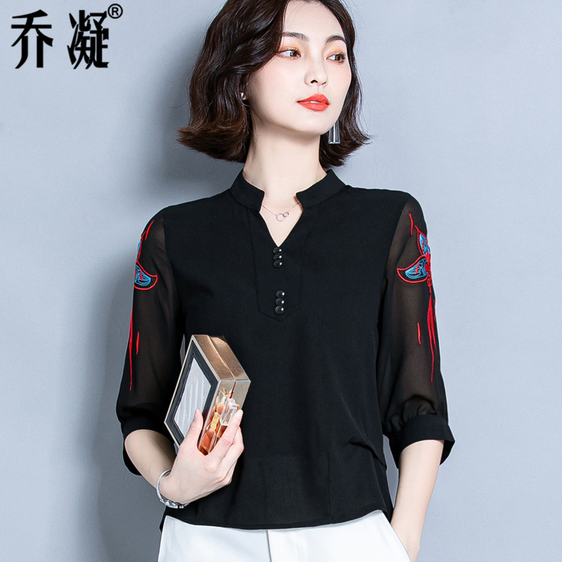 七分袖衬衫女2020夏季百搭妈妈减龄绣花衬衣配阔腿裤雪纺上衣秋装