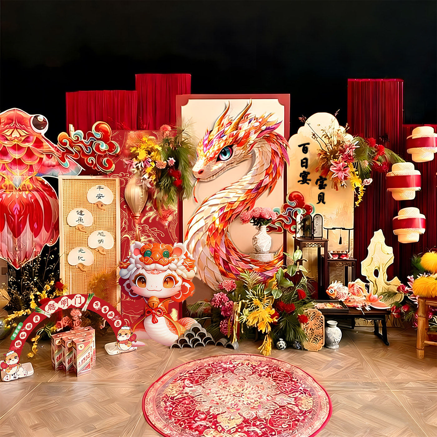 蛇宝宝生日布置摆件装饰家里中式摆台全套仪式感百天宴周岁背景墙,节庆用品/礼品,气球,淘宝优惠券,粉丝福利购,淘宝优惠卷