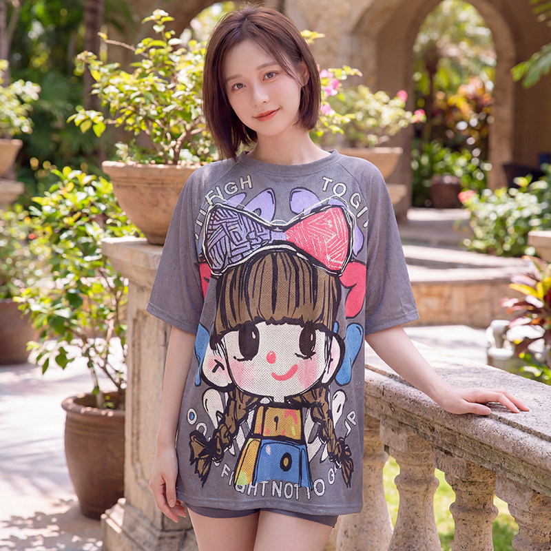 微胖大码三件套泳衣女罩衫卡通图案学生平角裤防尴尬显瘦遮肚温泉