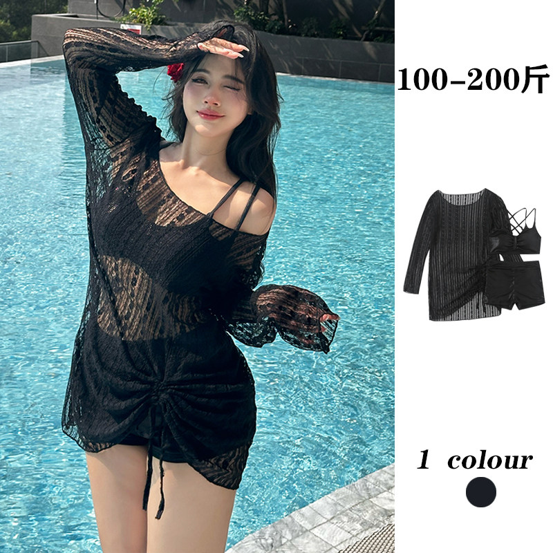 新款黑色蕾丝大码胖mm泳衣女分体三件套罩衫外罩性感抽绳显瘦温泉