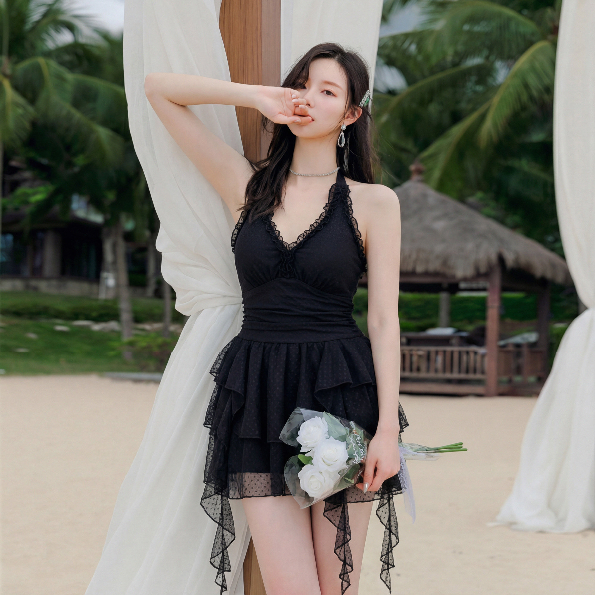 黑色连体裙式泳衣女显瘦遮肚温泉
