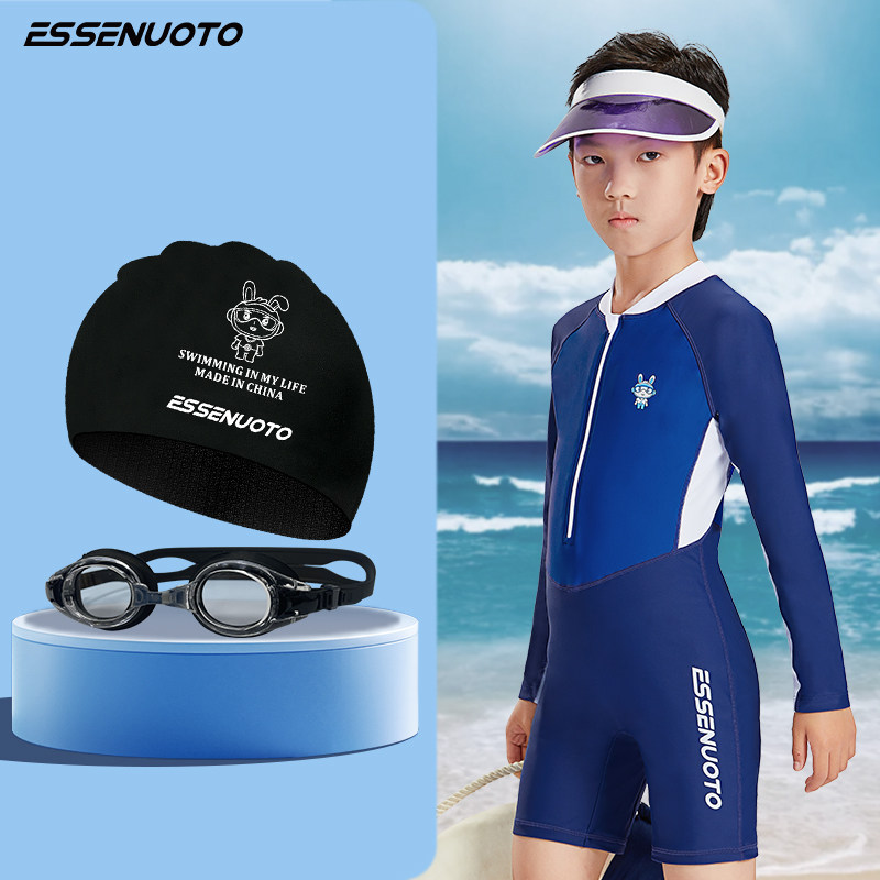 儿童长款泳衣长袖新款连体专业男童中大童青少年训练泡温泉套装