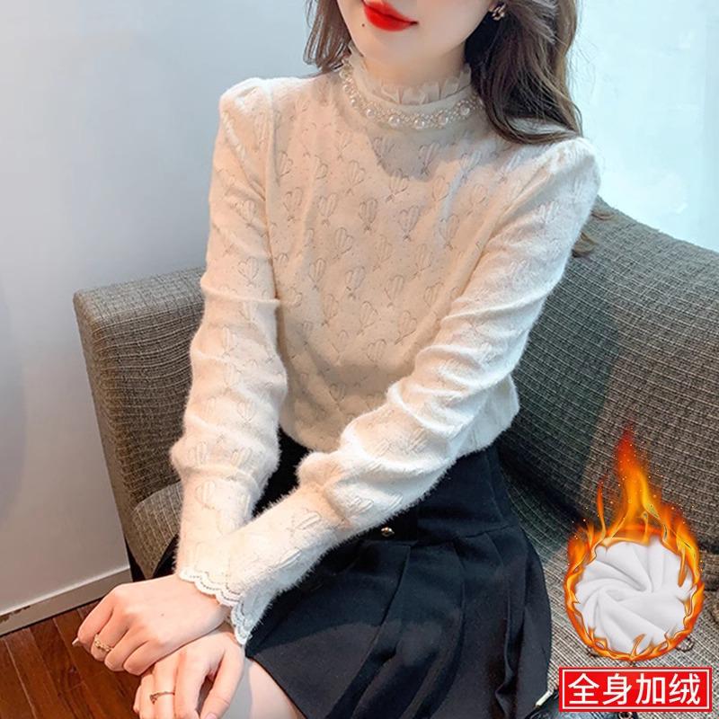 蕾丝打底衫女士新款春秋高级法式长袖别致洋气内搭半高领加绒上衣