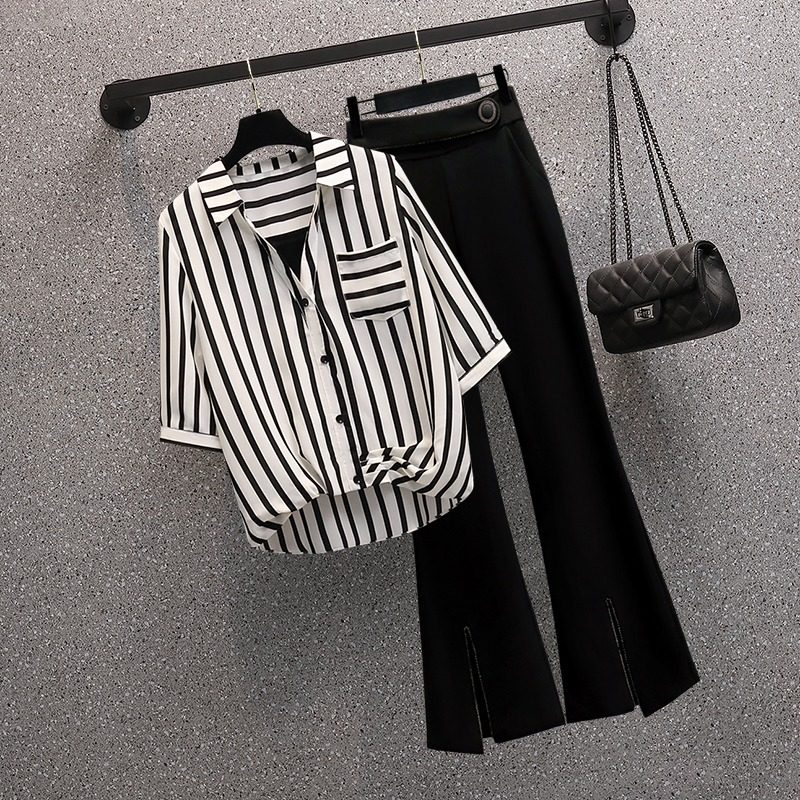 夏季套装女新款2025休闲时尚洋气气质衬衫上衣微喇阔腿裤子两件装
