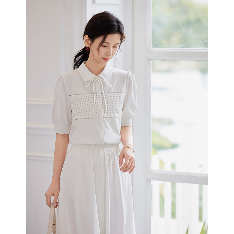 夏季套装女2025新款休闲时尚两件套法式气质短袖刺绣衬衫半身裙子