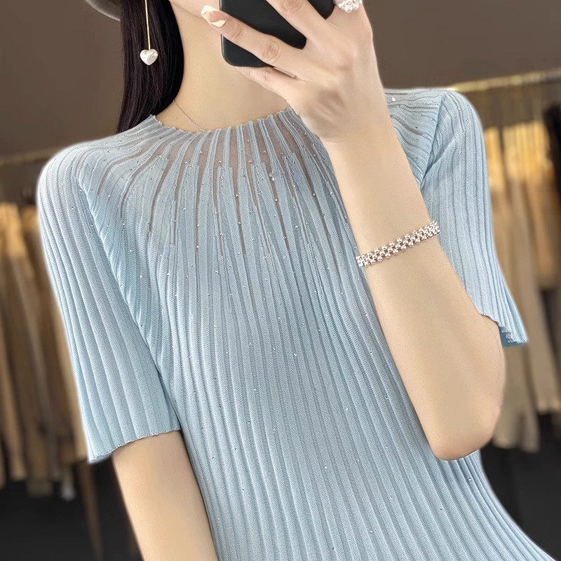 冰丝短袖t恤女夏季新款2025年宽松洋气圆领设计感法式针织衫上衣