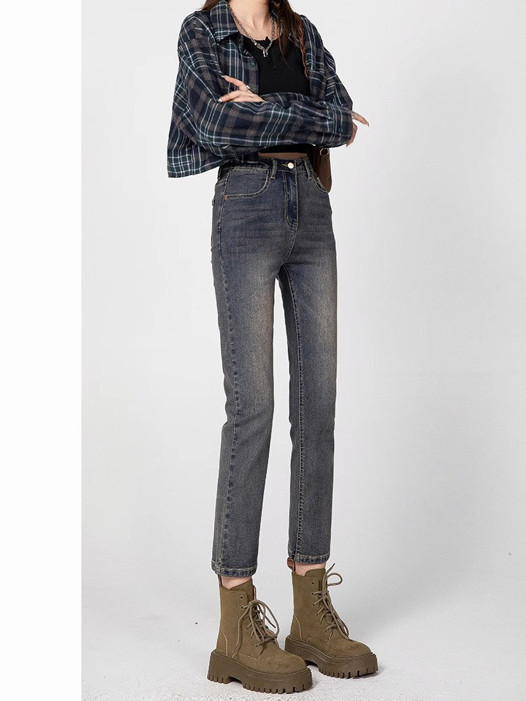 直筒牛仔裤女2025新款春秋修身覆古高腰窄版小个子九分烟管法棍裤