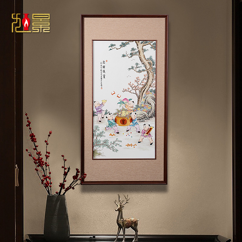 瓷板画景德镇手绘装饰画高级感入户门墙壁画挂画新中式玄关客厅画