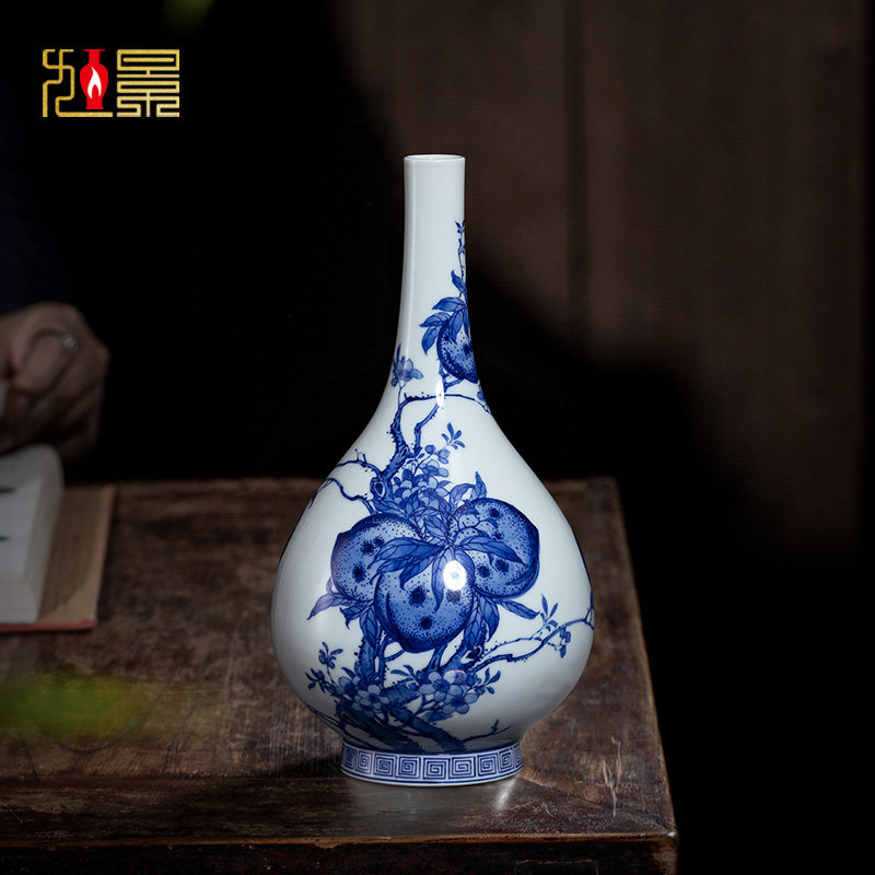 钟家窑九桃胆瓶景德镇陶瓷瓶仿古青花瓷花瓶柴窑瓷器中式客厅摆件