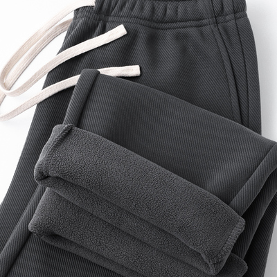 480g炭灰色斜纹直筒男裤秋冬纯色运动休闲裤弹力腰绒里运动裤