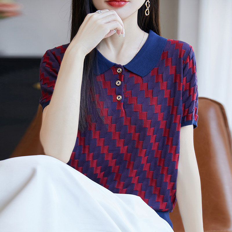 翻领格纹短袖t恤女夏季2025新款打底衫洋气大码女装冰丝针织上衣