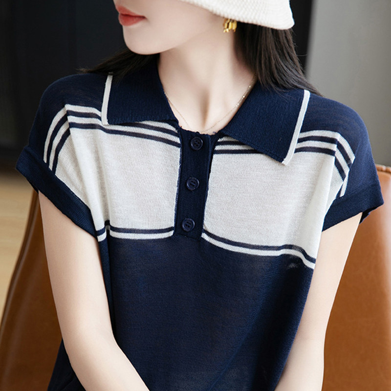 翻领撞色短袖t恤女夏季2025新款打底衫洋气大码女装冰丝针织上衣