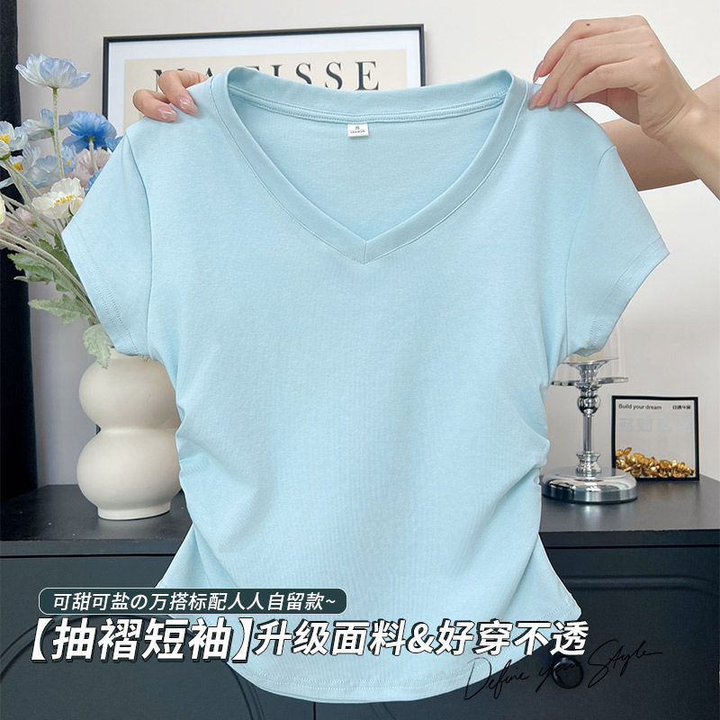 欧美风紧身圆领收腰T恤女柔软短款打底衫时尚上衣女ins春夏