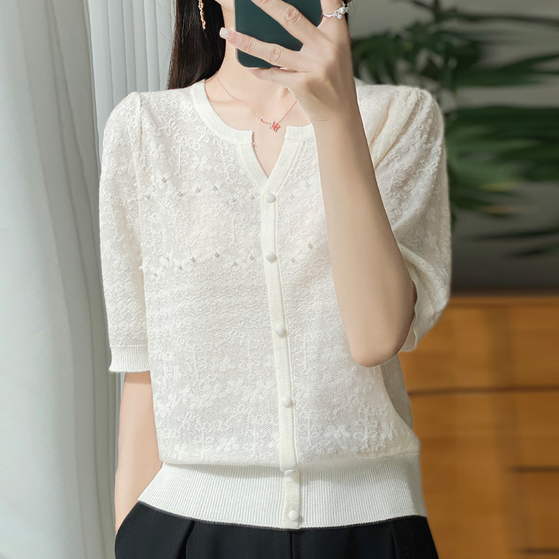 蕾丝V领短袖t恤女夏季2025新款打底衫洋气大码女装冰丝针织上衣