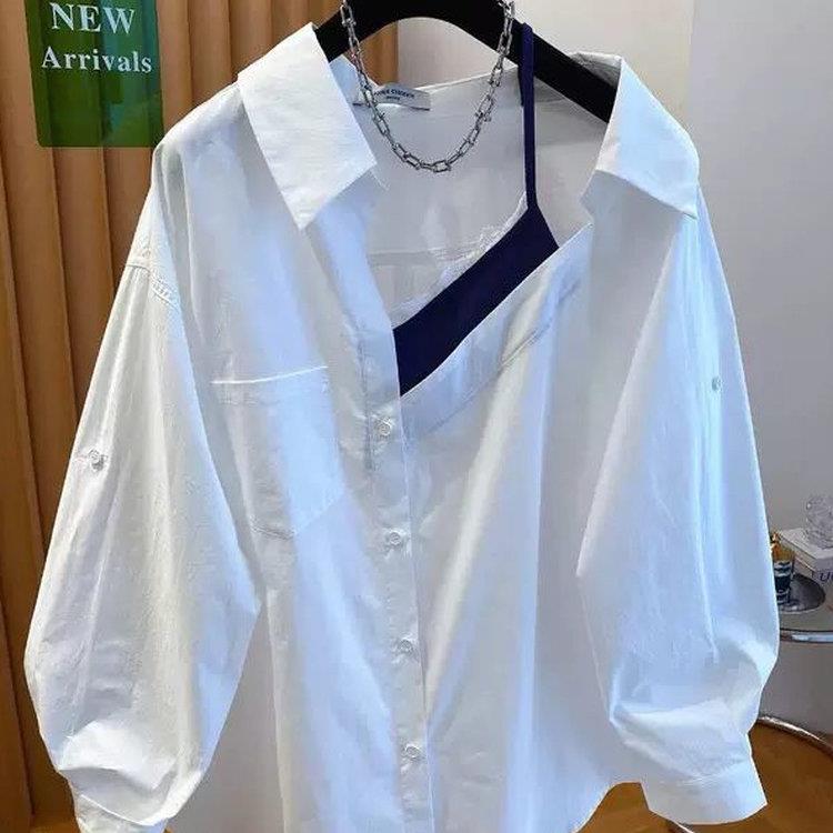 胖mm2-00斤SLN韩系i衫ns设计3感露锁长袖衬女早秋宽松显瘦拼骨接