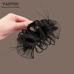 2024新款黑色羽毛抓夹女网纱发夹后脑勺鲨鱼夹蓬松增发量头饰发卡