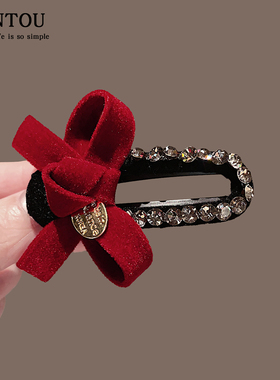 韩国发饰东大门简约复古丝绒蝴蝶结水钻鸭嘴夹气质后脑发卡边夹女