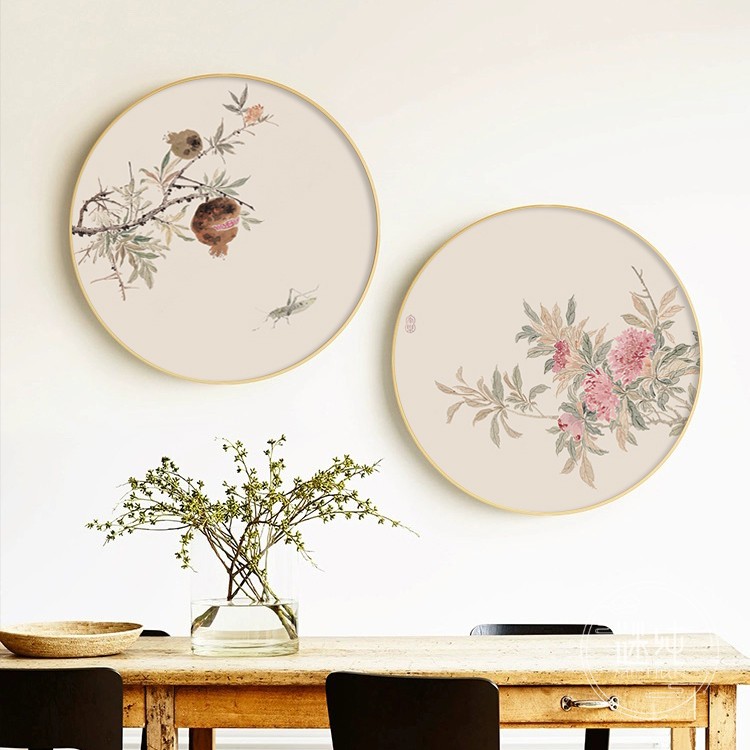 新中式玄关圆形装饰画画中国风客厅桃花壁画画茶室书房古风背景墙