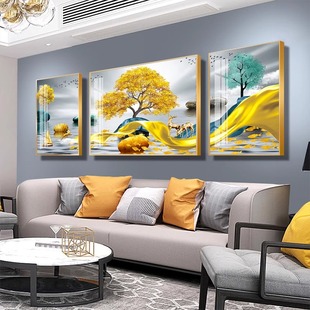 轻奢客厅装饰画沙发背景墙挂画现代简约壁画大气三联画镶钻晶瓷画