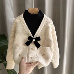 女童毛衣小香风蝴蝶结V领针织开衫女秋冬钉珠假两件毛衣外套洋气