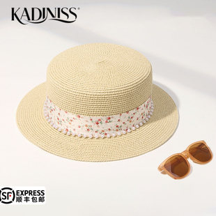KADINISS品牌新款 田園碎花珍珠平檐草帽 夏出游度假防曬遮陽帽法式