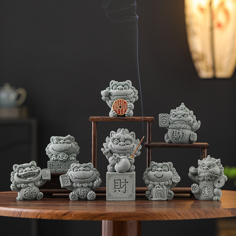 青砂石招财瑞兽 可爱财神桌面摆件 半手工石材造景茶宠