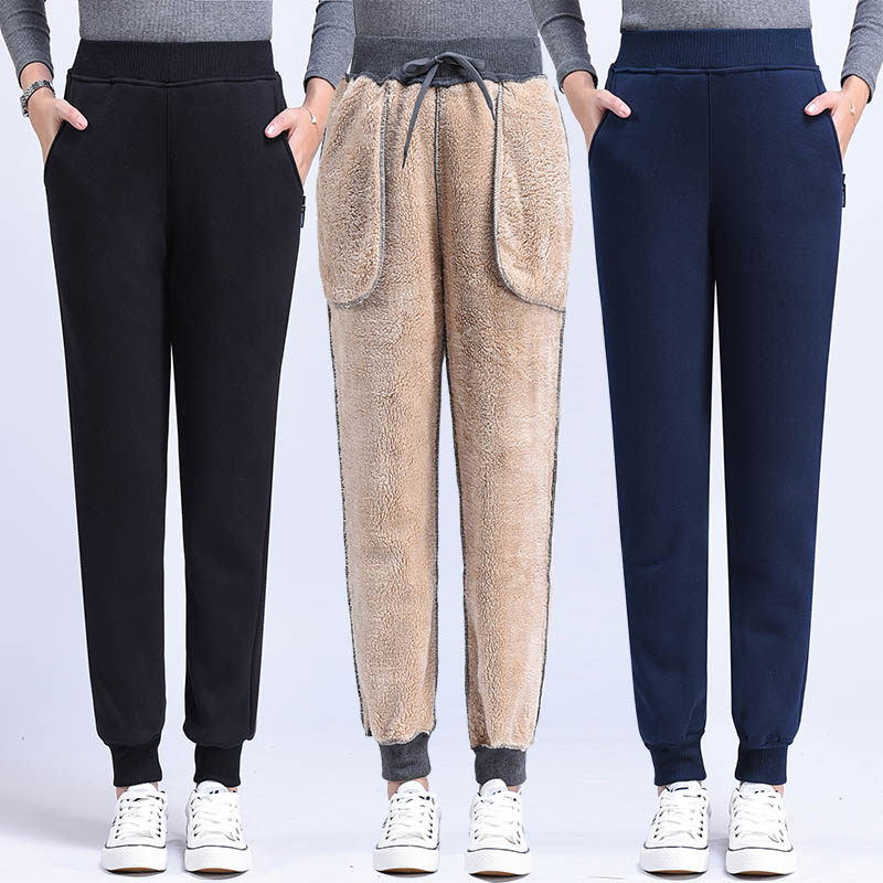 束脚加绒运动裤女秋冬款宽松羊羔绒中老年高腰妈妈裤加厚卫裤外穿