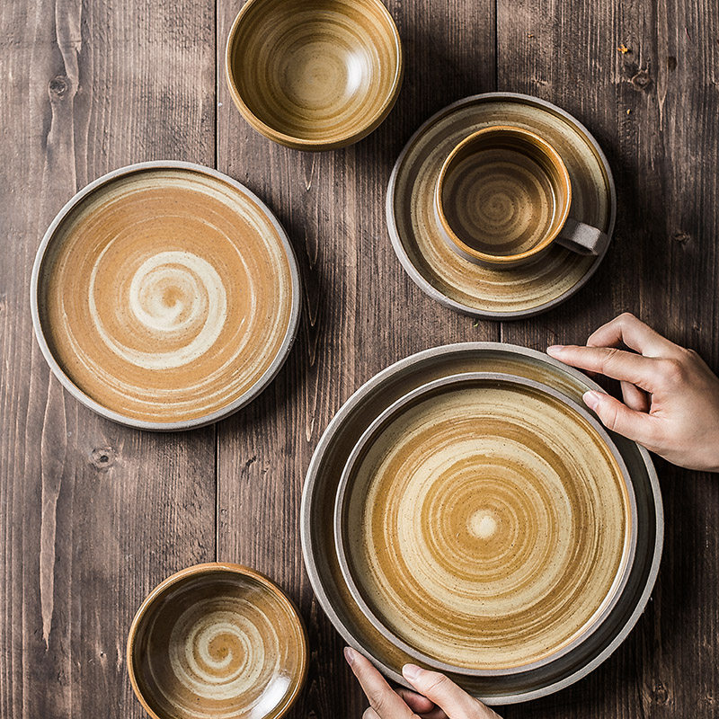 非洲之夜日式粗陶直边盘子复古牛排西餐盘米饭碗手绘餐厅摆盘餐具,餐饮具,盘,淘宝优惠券,粉丝福利购,淘宝优惠卷