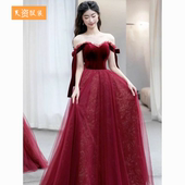 一字肩敬酒服新娘高级感酒红色轻奢小众订婚礼服女结婚公主裙高端